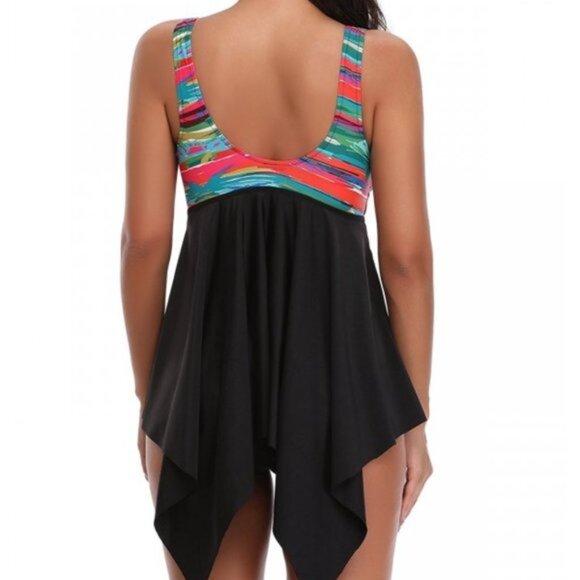 TEMPT ME BLACK MULTICOLRED ASYMMETERICAL SWIM DRESS WITH BOTTOMS SIZE MEDIUM NWT - Picture 4 of 5